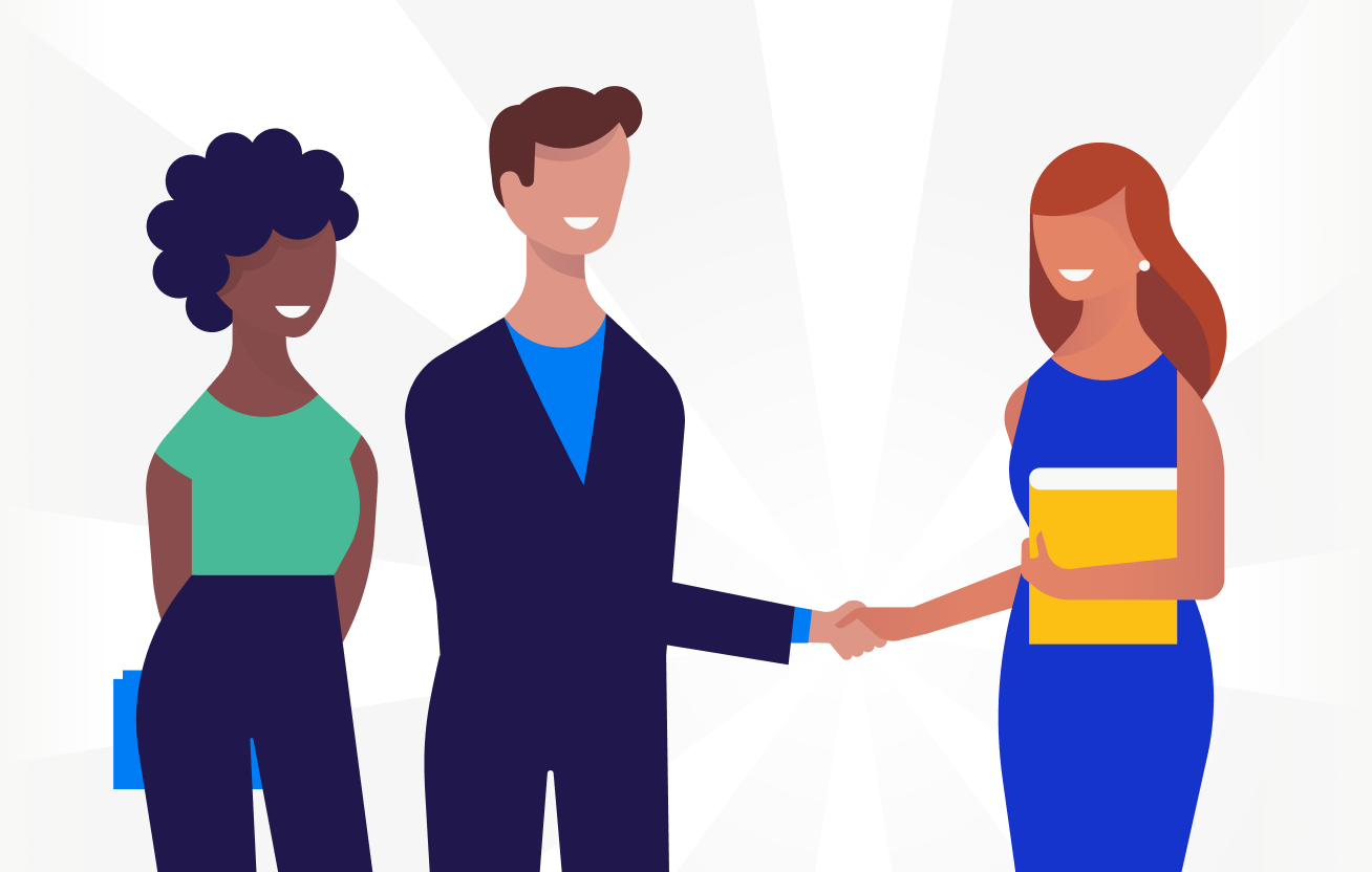 illustration of three people, two of which are shaking hands
