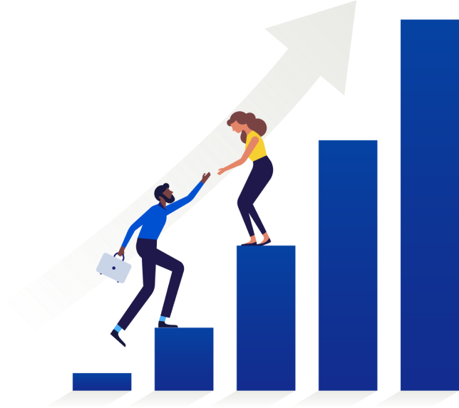 bar graph with one person helping another up the graph like steps