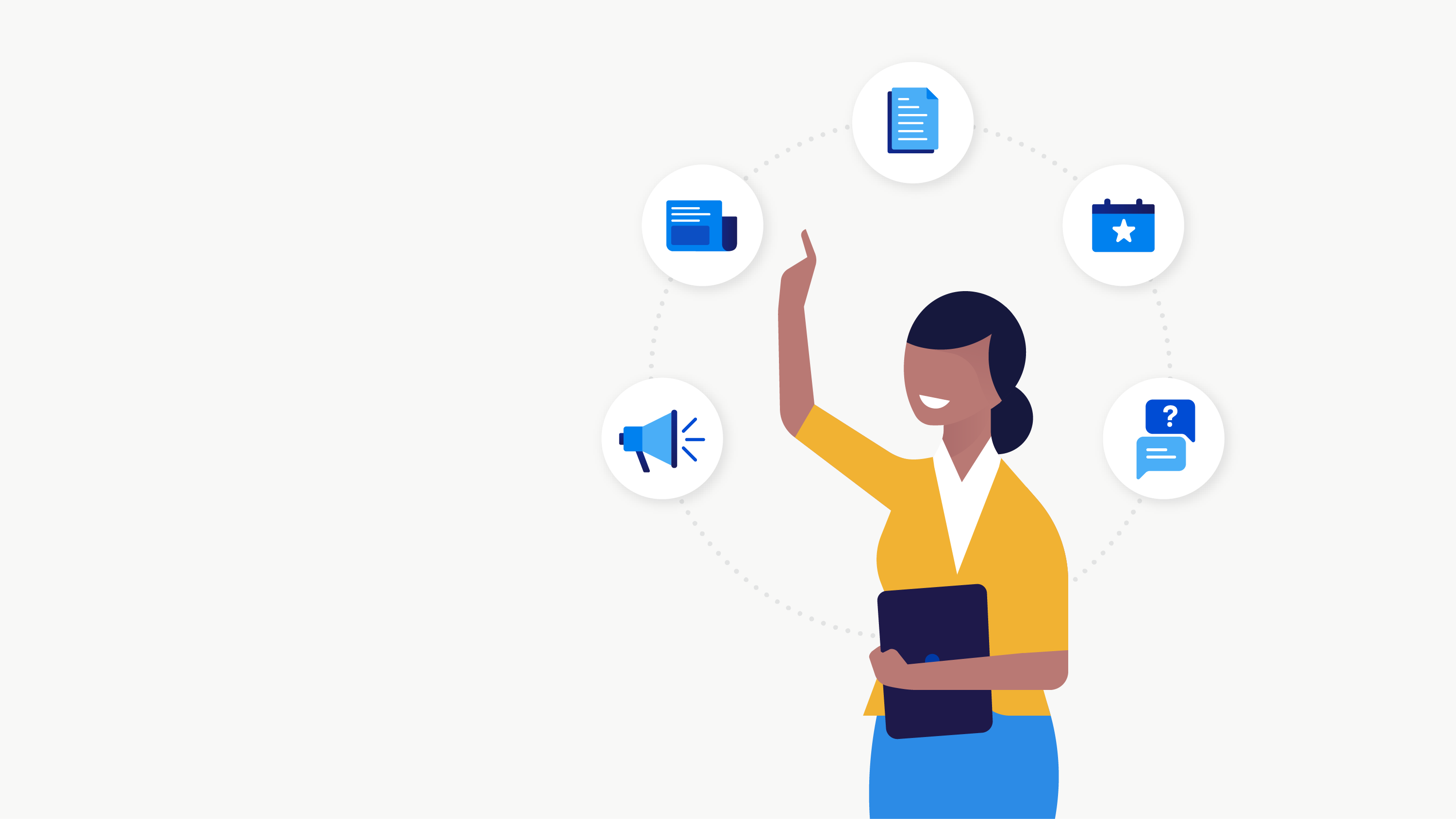 Illustration of a woman choosing from icons that represent latest product updates, blog posts, resources, upcoming events and contact information