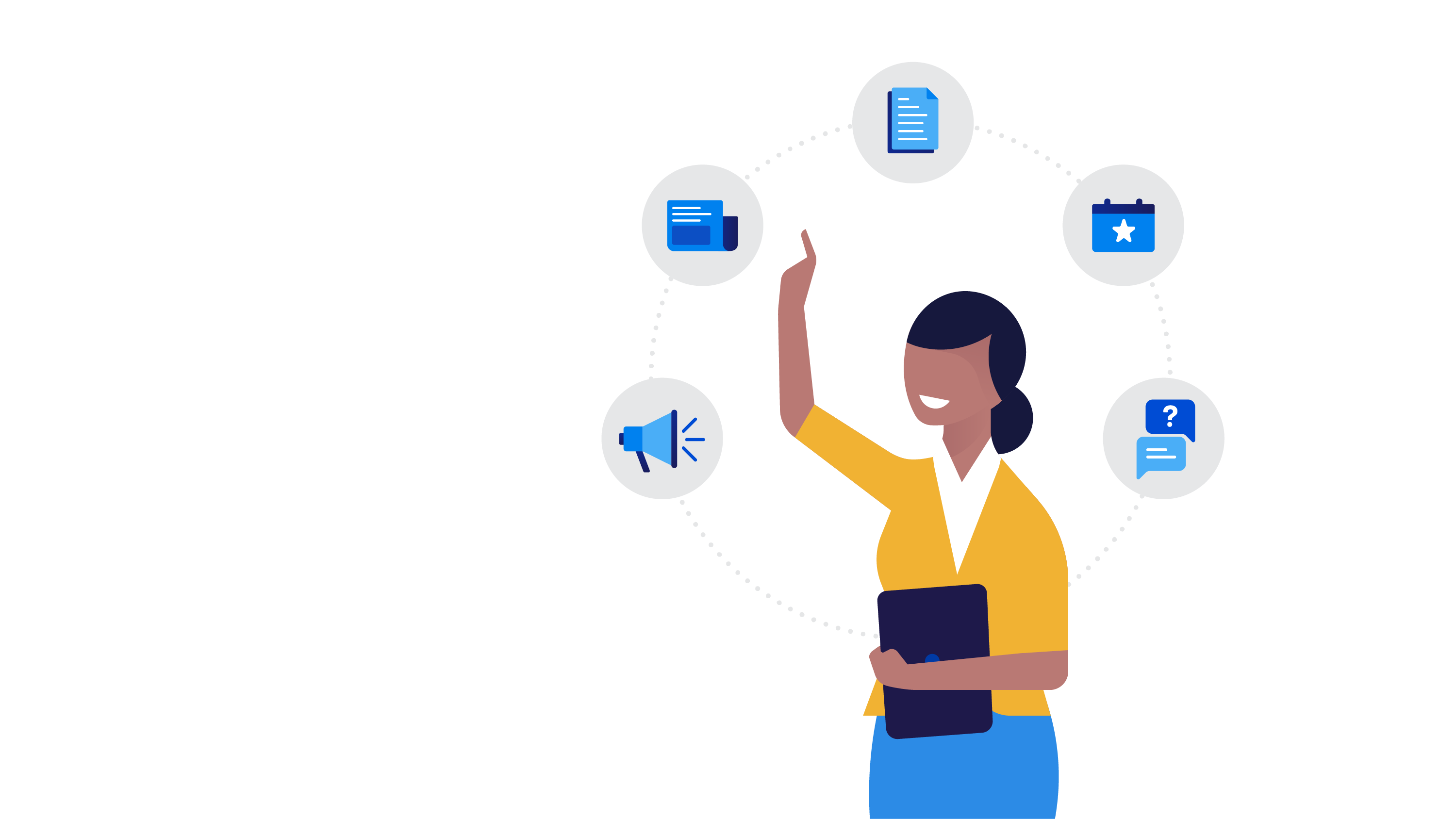 Illustration of a woman choosing from icons that represent latest product updates, blog posts, resources, upcoming events and contact information
