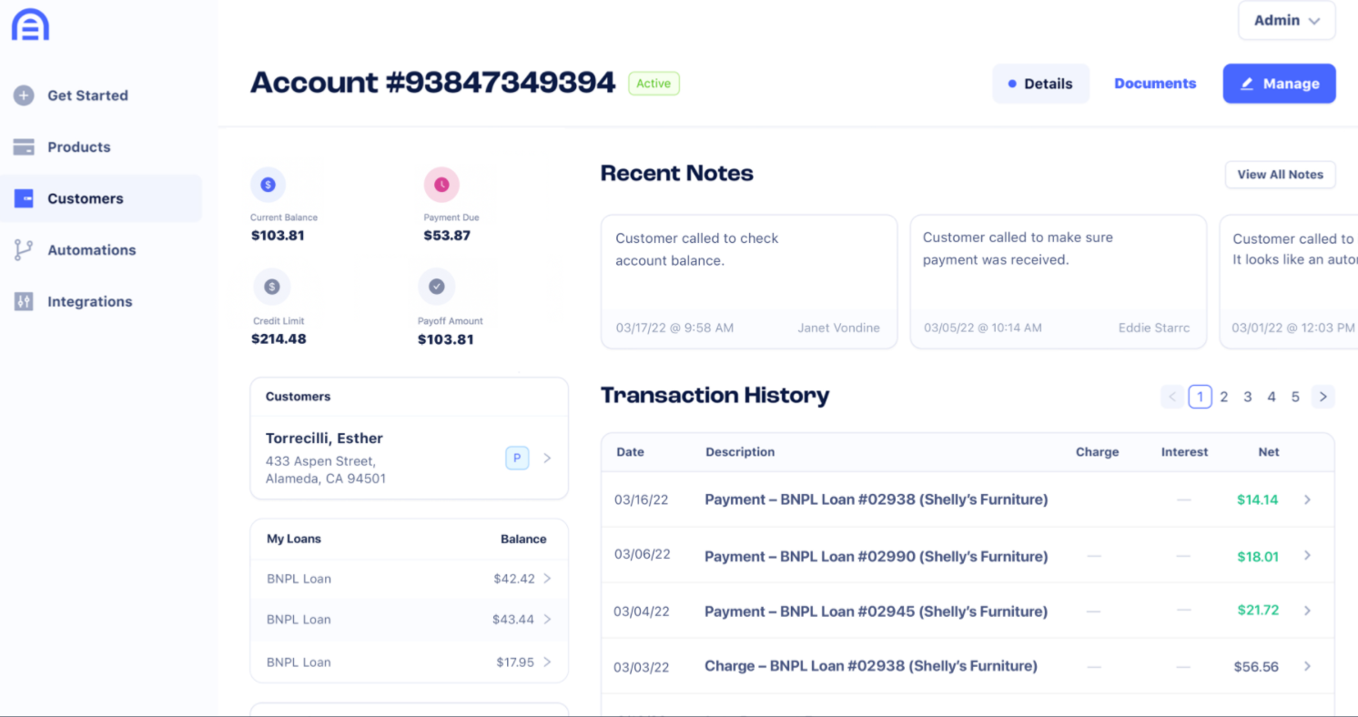 Image showing Canopy's user dashboard with transaction history and recent notes. 