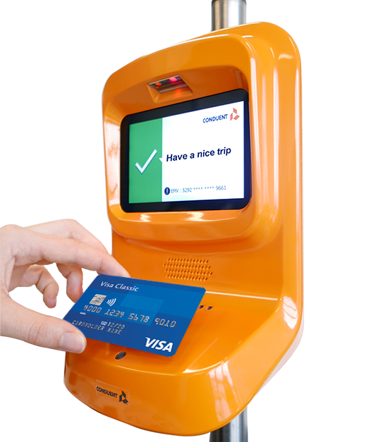 Image shows Conduent terminal with Visa tap to pay eneabled with a physical card