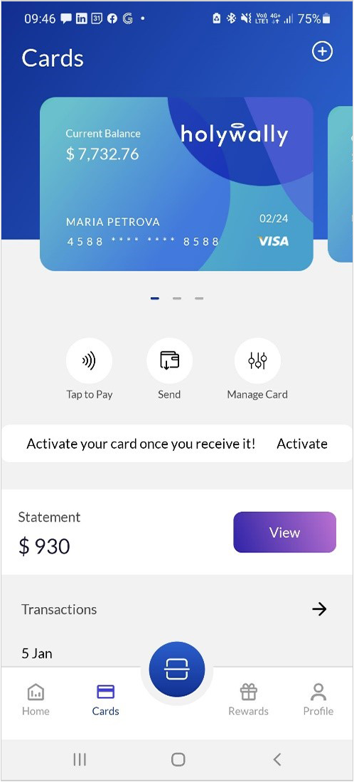 Creitive mobile screenshot of what a card in the wallet looks like