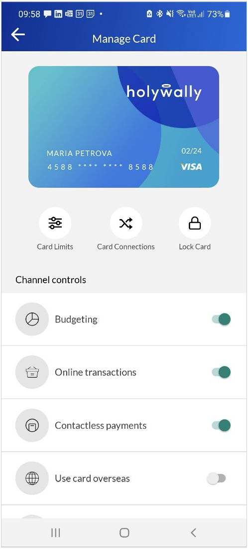 Ceitive mobile screenshot of what card controls looks like