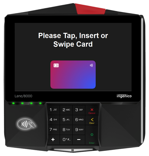 Photo of the Ingenico payment terminal allowing for card tap, insert, or card swipe.