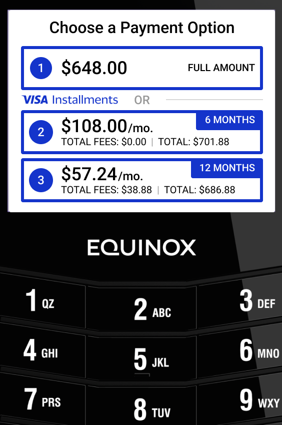 Equinox device displaying the Visa Installments POS interface for installment plan selection