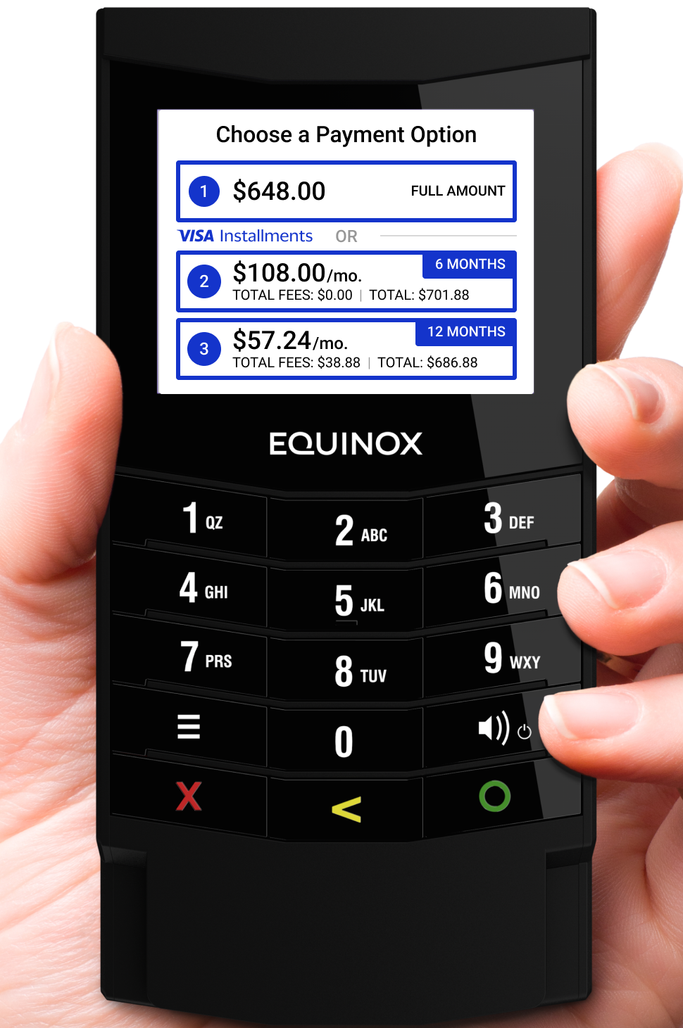 Equinox device displaying the Visa Installments POS interface for installment plan selection