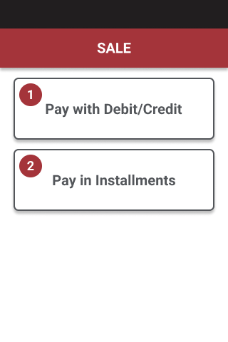 Image shows screen of ONTAB solution with consumer choice between Credit and Debit or an Installments Payment option