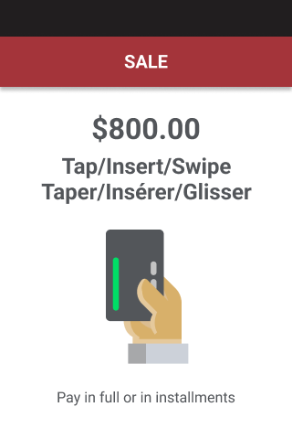 Image shows screen directing consumer to tap dip or swipe card for payment