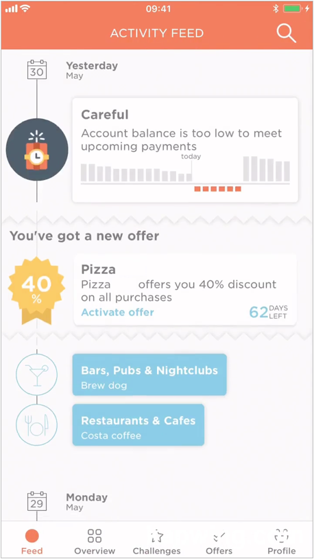 Meniga app screenshot of their activity feed experience