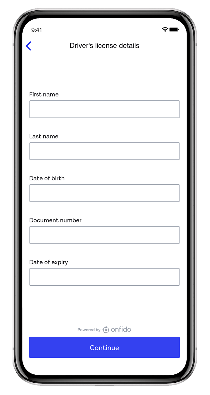 Onfido mobile app screen for inputting data