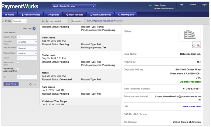 PaymentWorks registration and vendor management screen