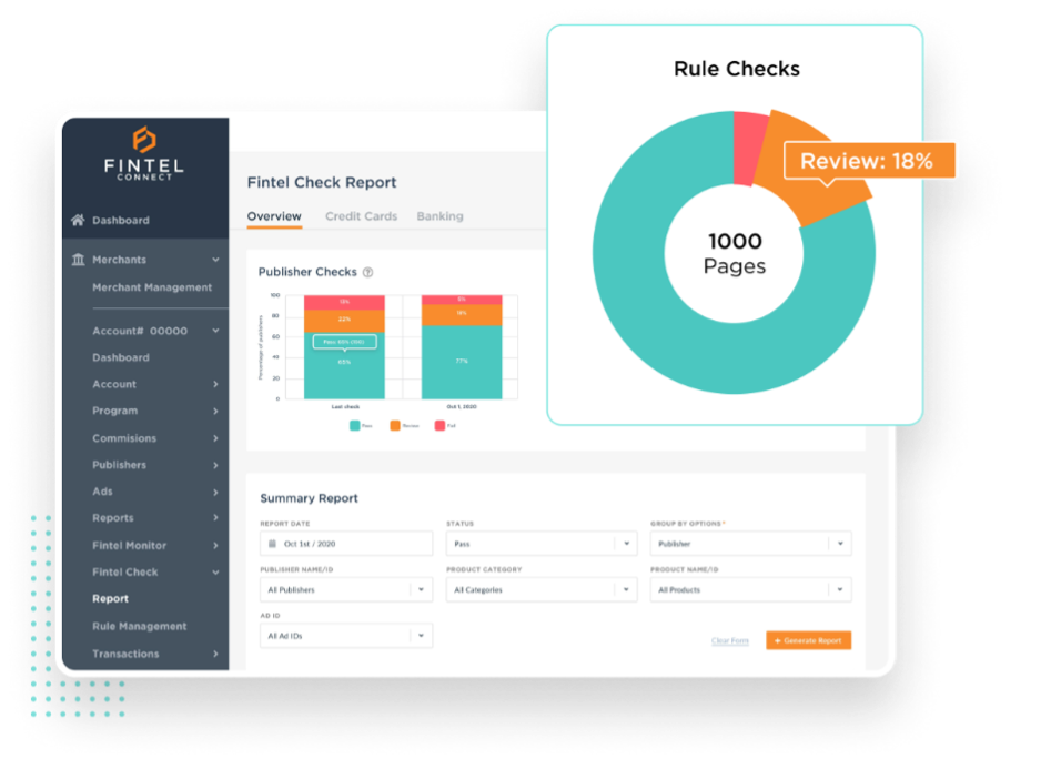 Image showing Fintel Connect's solution dashboard view and check report.