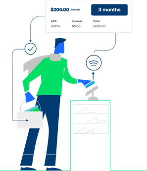 Cartoon of a man dropping a payment into a bin after making a purchase