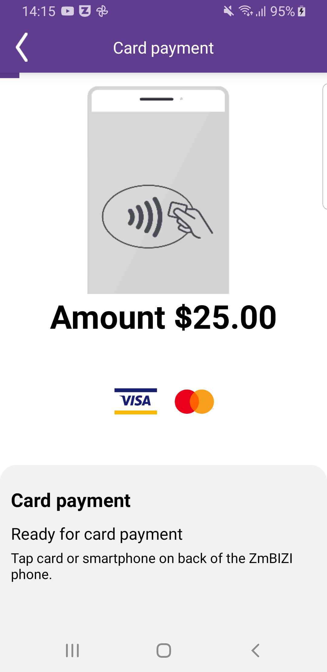 Phone screen image showing payment acceptance via NFC tap